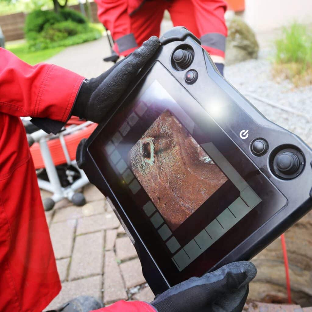 plumber looking at the live feed of a camera inspection